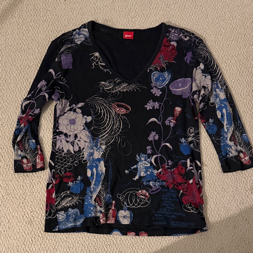 Y2K Desigual Black Multicolor Floral Long Sleeve Top